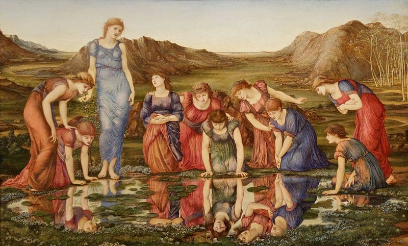 Obra de arte O Espelho de Vênus de Edward Burne-Jones, mostrando mulheres olhando seus reflexos em um lago